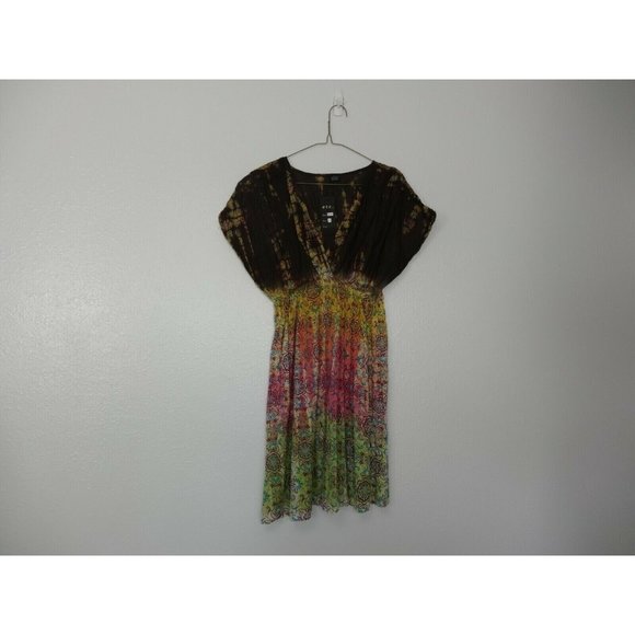 Etc Womens Dress Top L Short Sleeve Sheer Floral Brown Yello Pink Green NWT - Picture 6 of 10